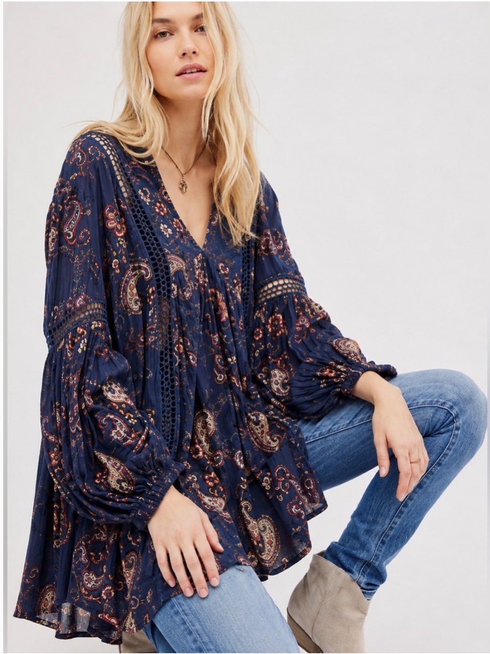 Free People XS Just The Two Of Us Paisley Tunic M Boho Babydoll Relaxed Cottage